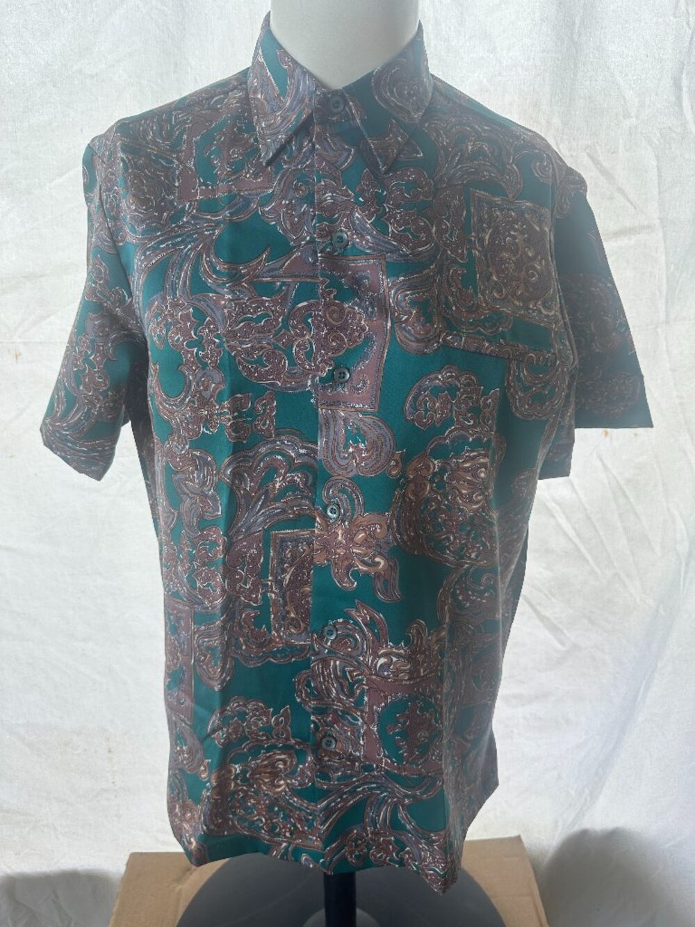 Vintage Tori Richard Men's Green Brown Gray Wave Pattern Hawaiian Shirt Medium